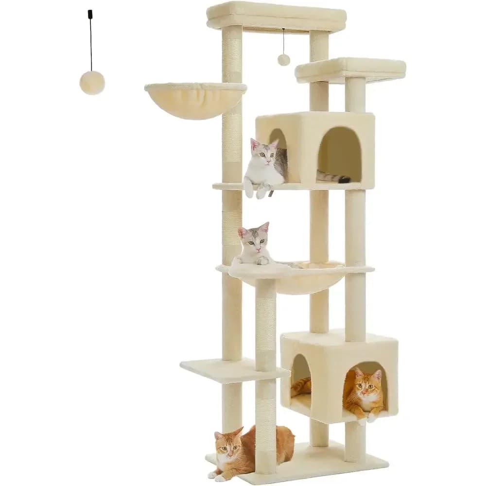 69 Albero per gatti grande con amaca, posti per grattare, casetta e piattaforma superiore per gatti da interno - Beige