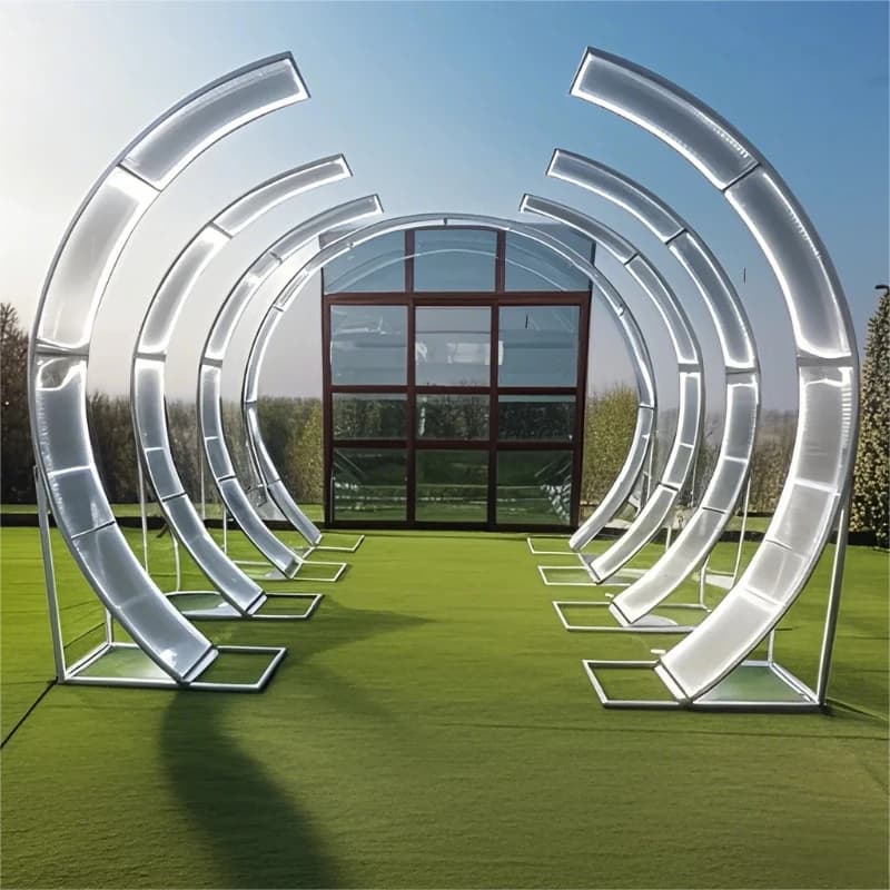 Arco scenografico gigante per matrimoni, combinazione di pannelli in ferro, decorazione atmosferica per esterni, per prato e percorso.