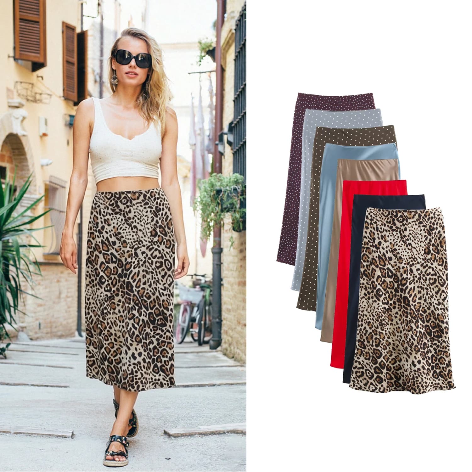 Women's High Waist Midi Skirts Summer Female Leopard Satin Half Skirt Casual Lady Elegant Long A-Line Skirts Streetwear