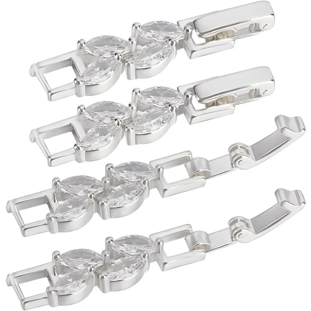 1 scatola da 6 pezzi chiusura di estensione del braccialetto forma di foglie zirconi argento fermagli pieghevoli chiusura di estensione del cinturino di orologio per gioielli