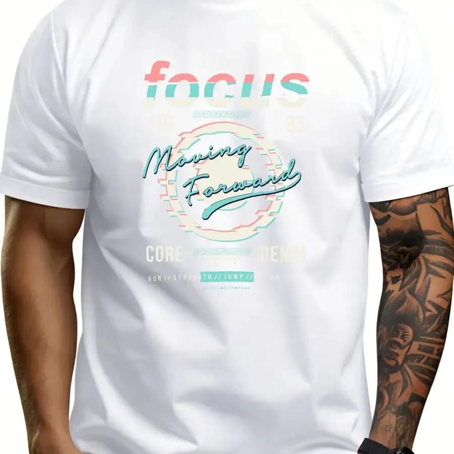 T-Shirt da Uomo Stile Casual con Grafica 'Focus Moving Forward', Abbigliamento Estivo, Regalo per Lui