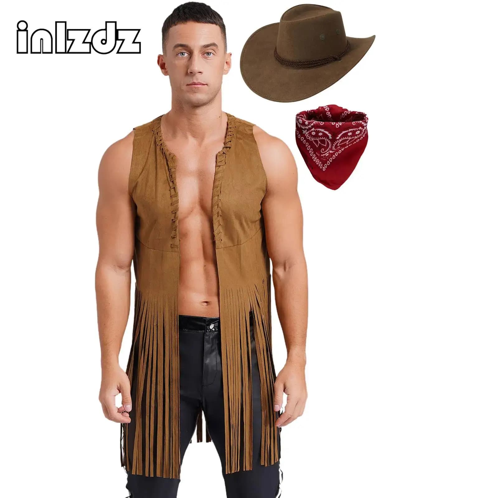 Mens Wild West Cosplay Costume da Cowboy Cardigan di Halloween Hippie Dress Up gilet con frange gilet senza maniche + Set di cappelli a bandana