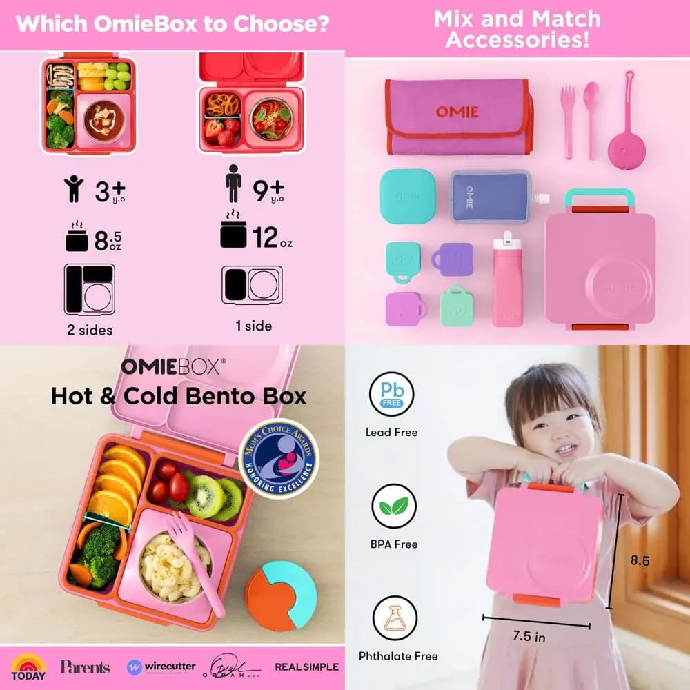 Portapranzo isolato a prova di perdite per bambini con 3 scomparti e doppi zone di temperatura - Pink Berry