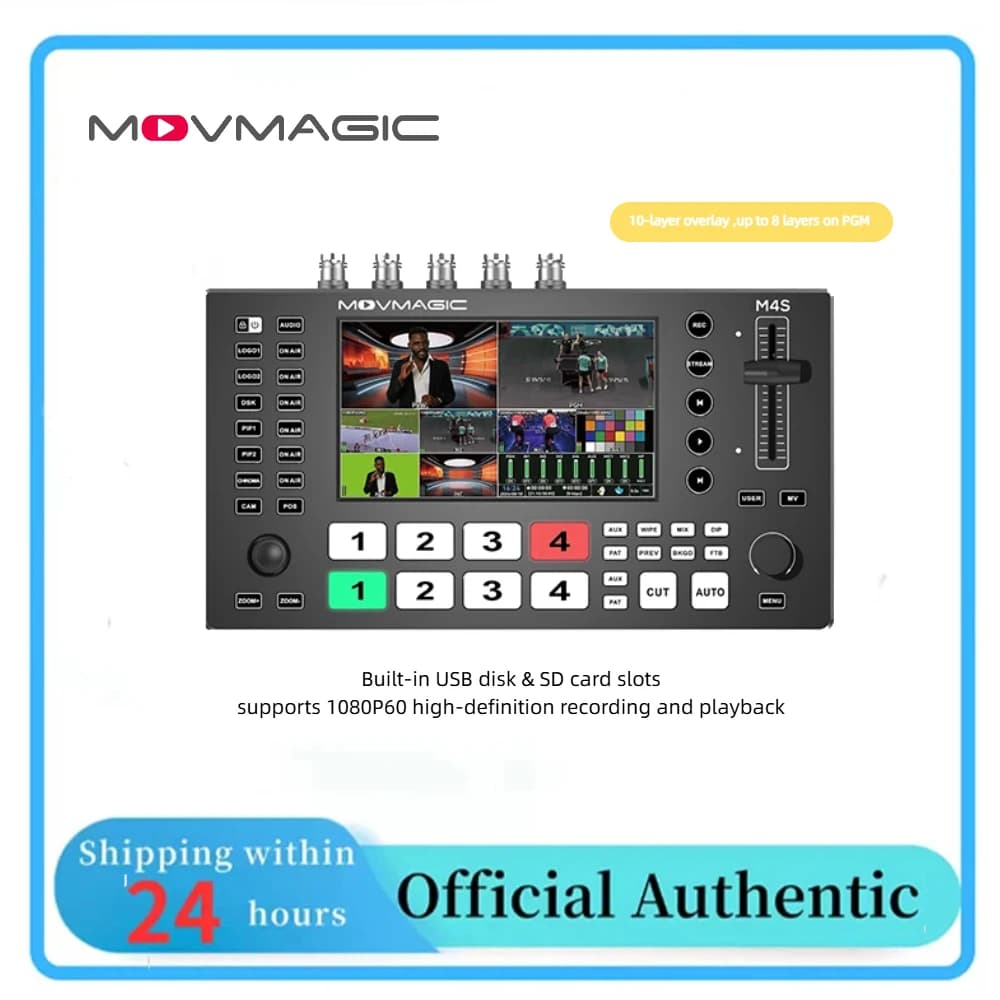 Switcher video MOVMAGIC M4S, streaming push/pull tramite porta LAN, uscita UVC senza perdita di dati, facile streaming live.