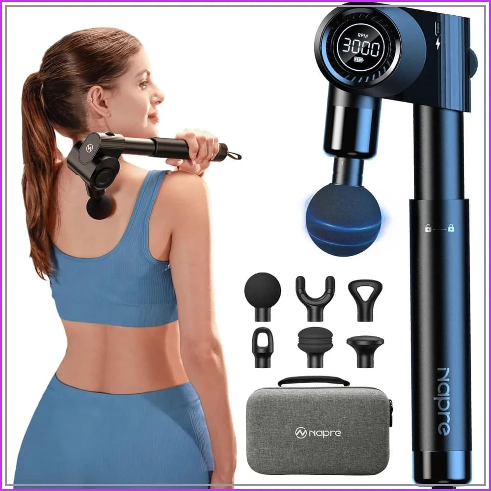 Foldable Massage Gun with Extension Handle & 5 Adjustable Angles, Deep Tissue Back Massager for Neck/Body Pain Relief, 32 Speeds, 6 Heads, Silent, with Case