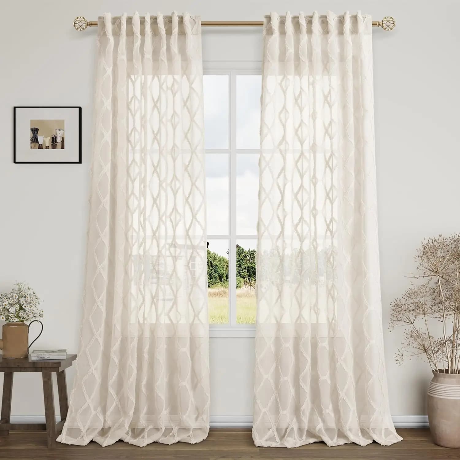 108 Beige Transparent Curtains for Living Room, Bedroom - Rustic Style Boho, Light Filtraction with Passers and Auction Pocket