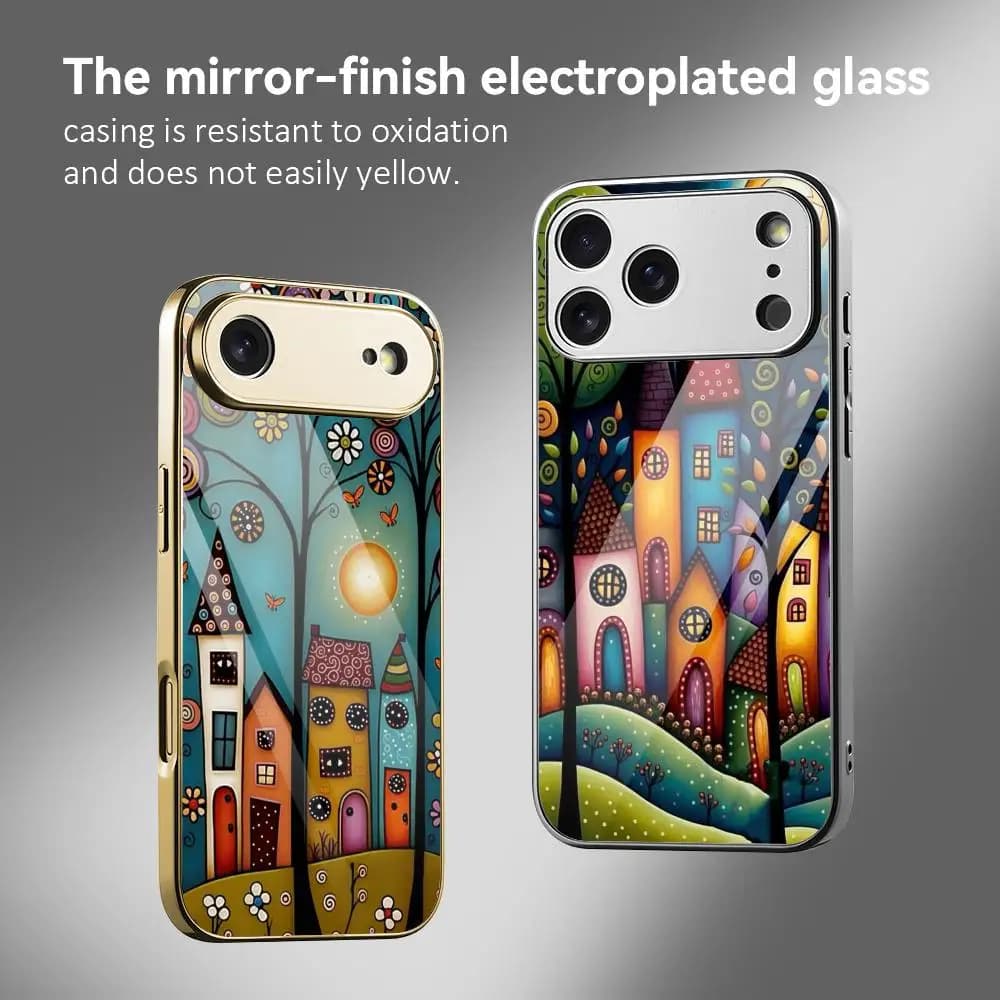 Custodia per telefono alla moda con motivo Casa nella foresta dipinta per iPhone 17 16 15 14 13 12 Pro Max Plus, con paraurti in metallo galvanizzato antiurto