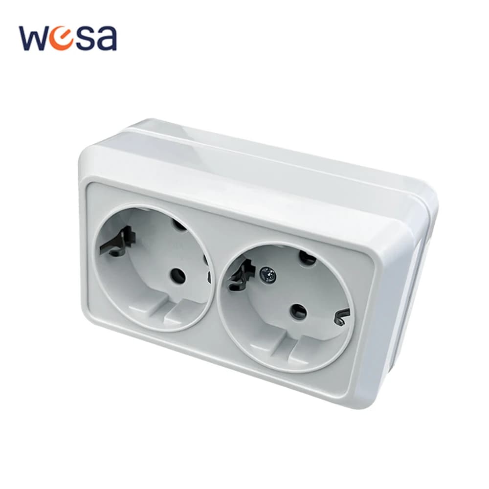 WESA White wall surface 2 sockets Plugs EU external electric socket with ground current Plastic flame retardant paint