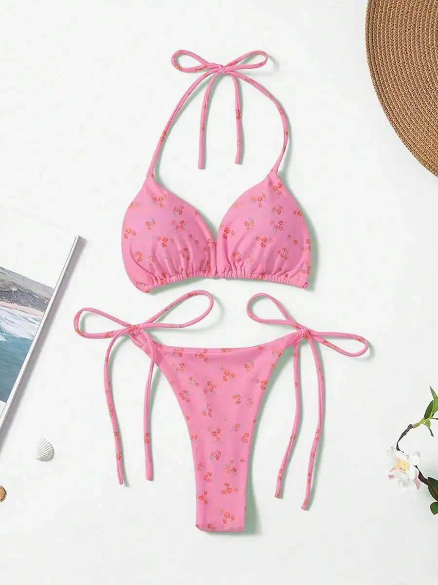 Pink Cherry Print Triangle Halter Bikini With Adjustable Side Tie Bottoms For Summer Beach Wear