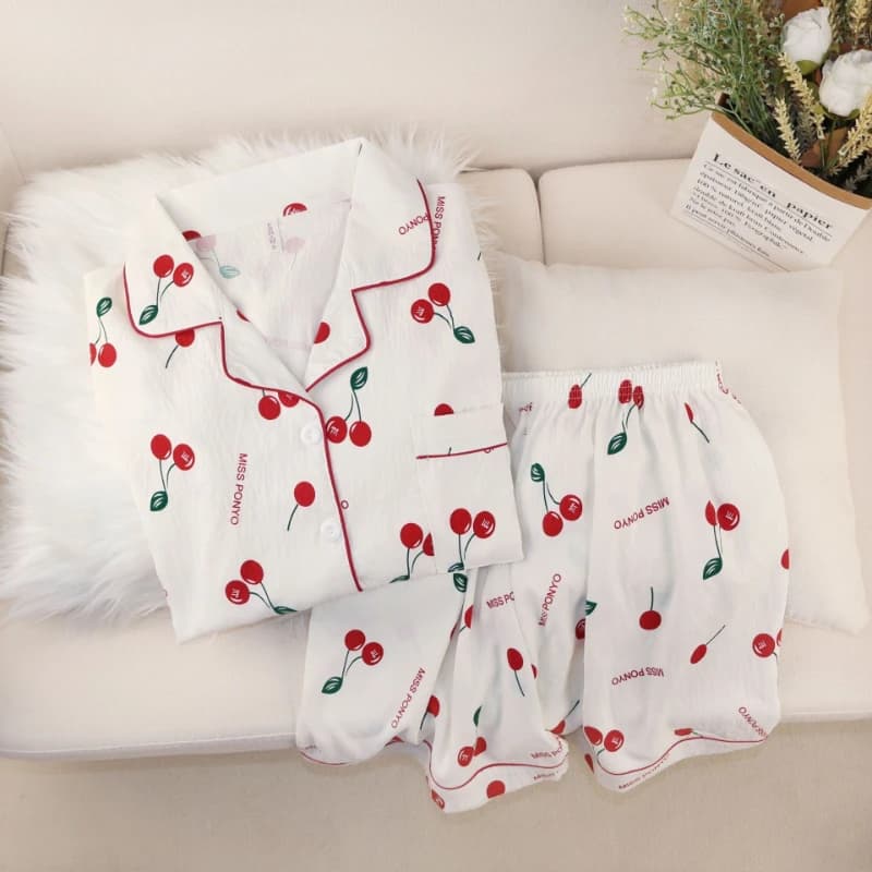 New Women's Summer Pijama with Cardigan and Colletto Dolce e Carino, Set Pigiama with Pattern to Cherry, Homewear for Ladies