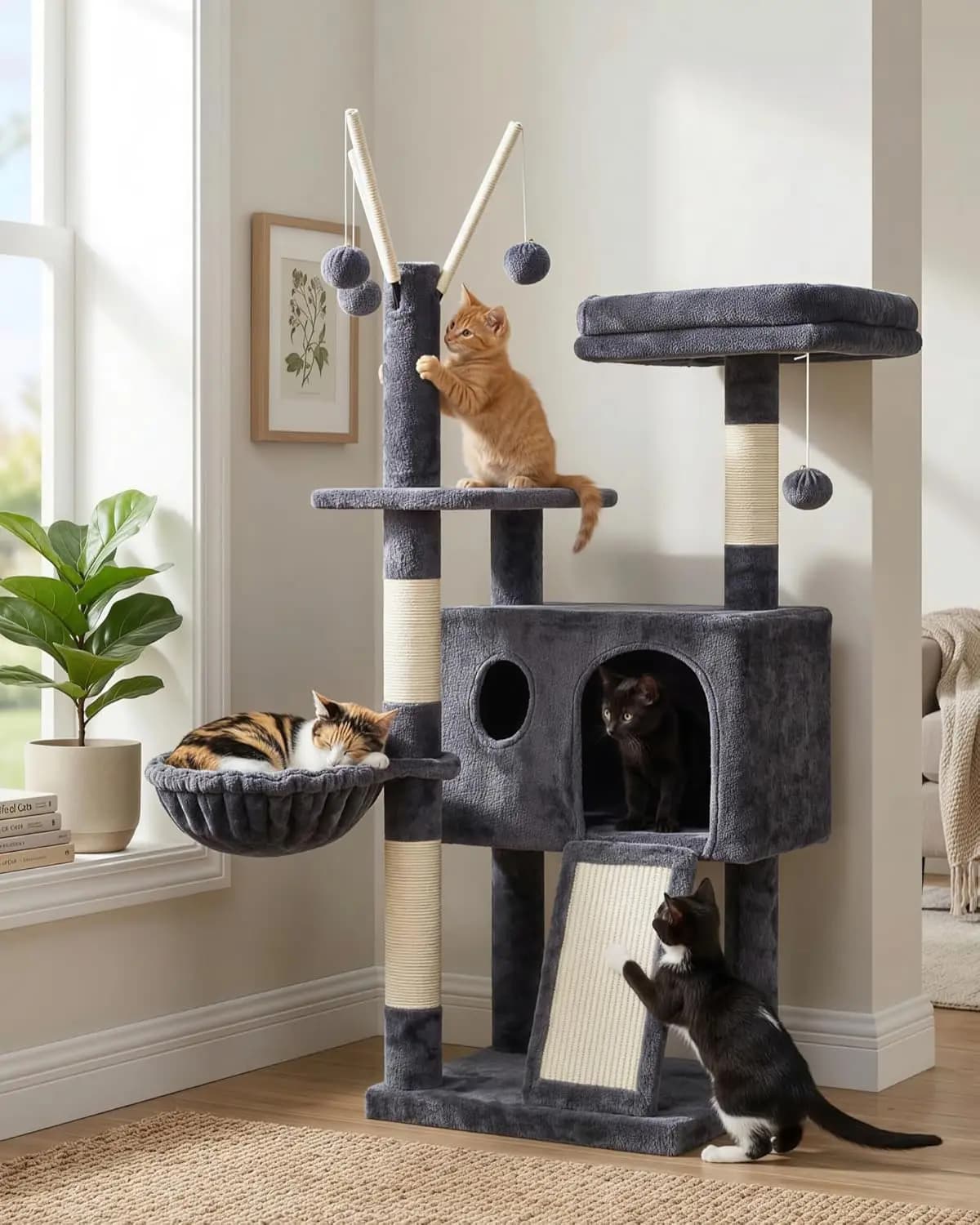 Cat Tree Tower, Scratching Posts with Removable Toys, Cozy Condo, Platform, Hammock, Sisal Scratch Board and Ball for Indoor Kit