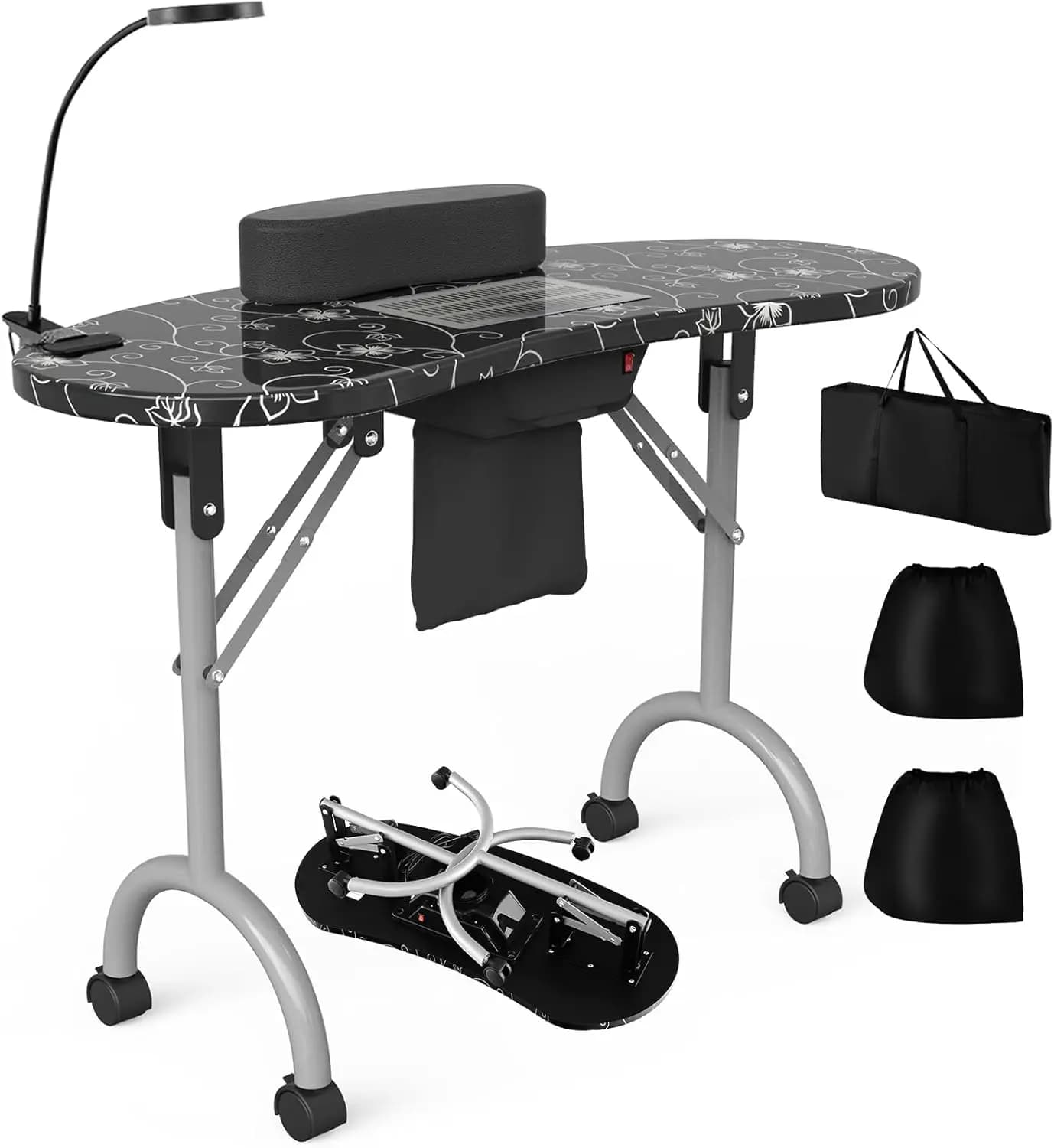 Tavolo per Manicure Portatile con Lampada LED, Aspiratore Elettrico, Poggiapolsi, Ruote Bloccabili e Design Pieghevole