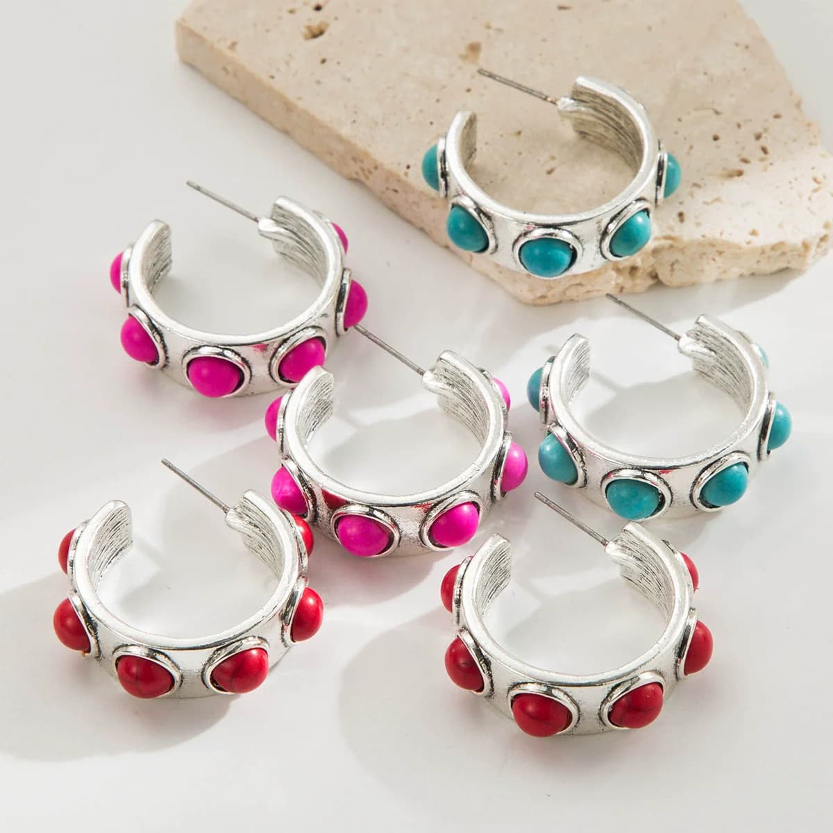 Orecchini a cerchio in pietra verde fucsia in argento antico per gioielli da donna con perline Boho Loop