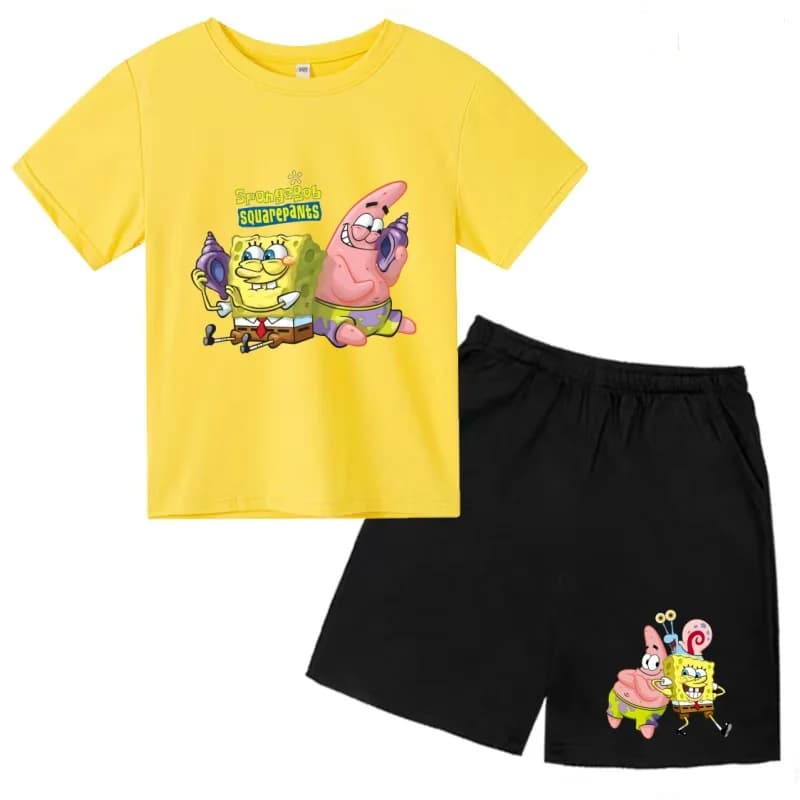 T-shirt alla moda estiva per bambini da 3 a 12 anni, SpongeBob SquarePants, per ragazzi e ragazze, a maniche corte + pantaloncini, set di abbigliamento sportivo casual