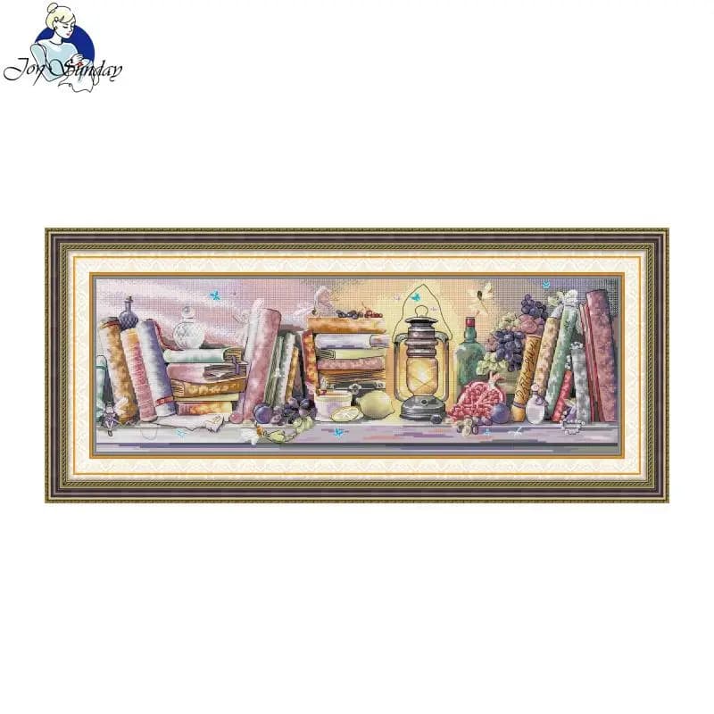 Cross Stitch Kit Joy Sunday Oil Lamp Bookshelf HD Pattern Printed Counted Fabric Aida 16/14/11CT DIY Embroidery Kit with A Gift