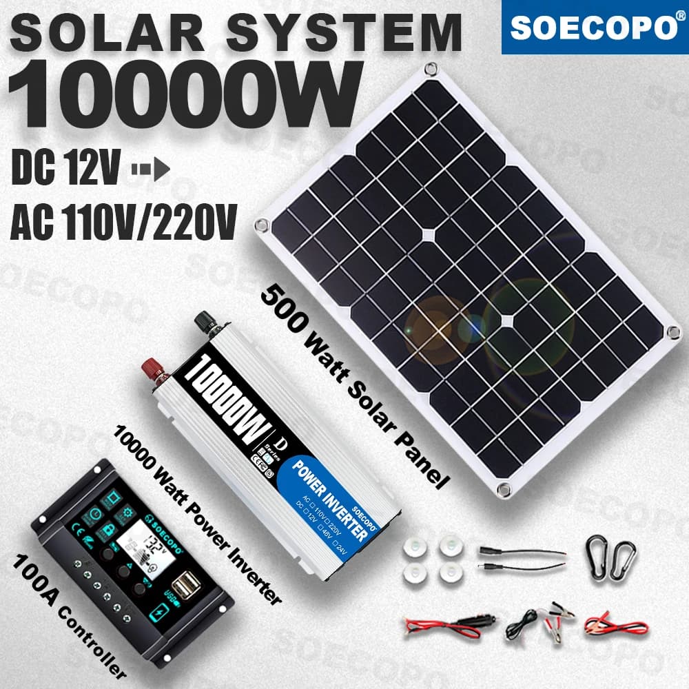 SOECOPO Kit Sistema di Energia Solare 7000W, Inverter da 12V a 110V/220V, Pannello da 500W, Regolatore da 100A, per Casa Off-Grid, Camper e Campeggio