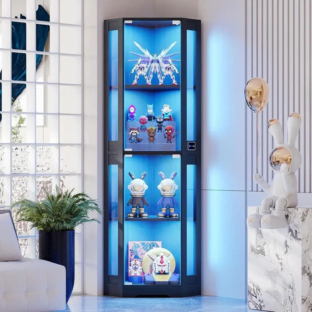 Vetrina in Vetro da 65 Pollici con Luci LED, Espositore a 4 Ripiani con Porta in Vetro e Sensore di Movimento per Oggetti da Collezione o Liquori