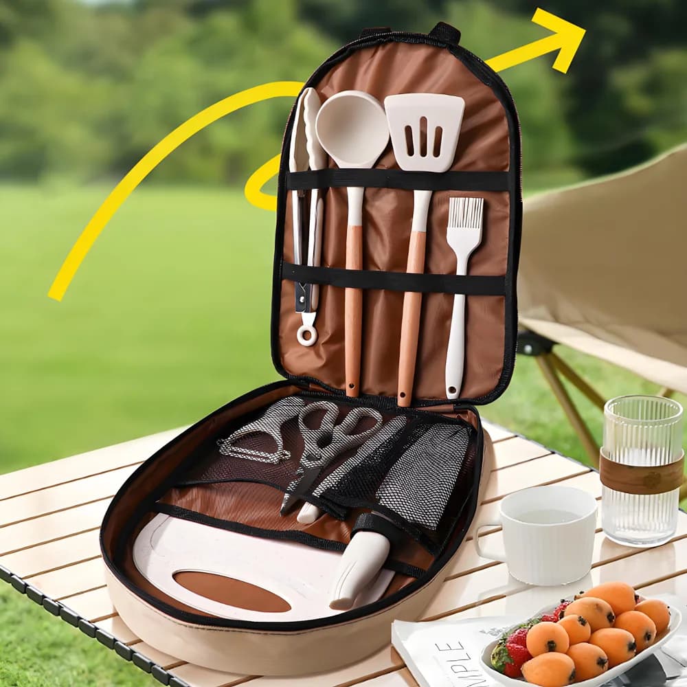 10Pcs Portable Camping Cooking Utensil Set, Silicone Spatula Ladle, Cutting Board, Knives, Scissors, Food Tongs, Peeler