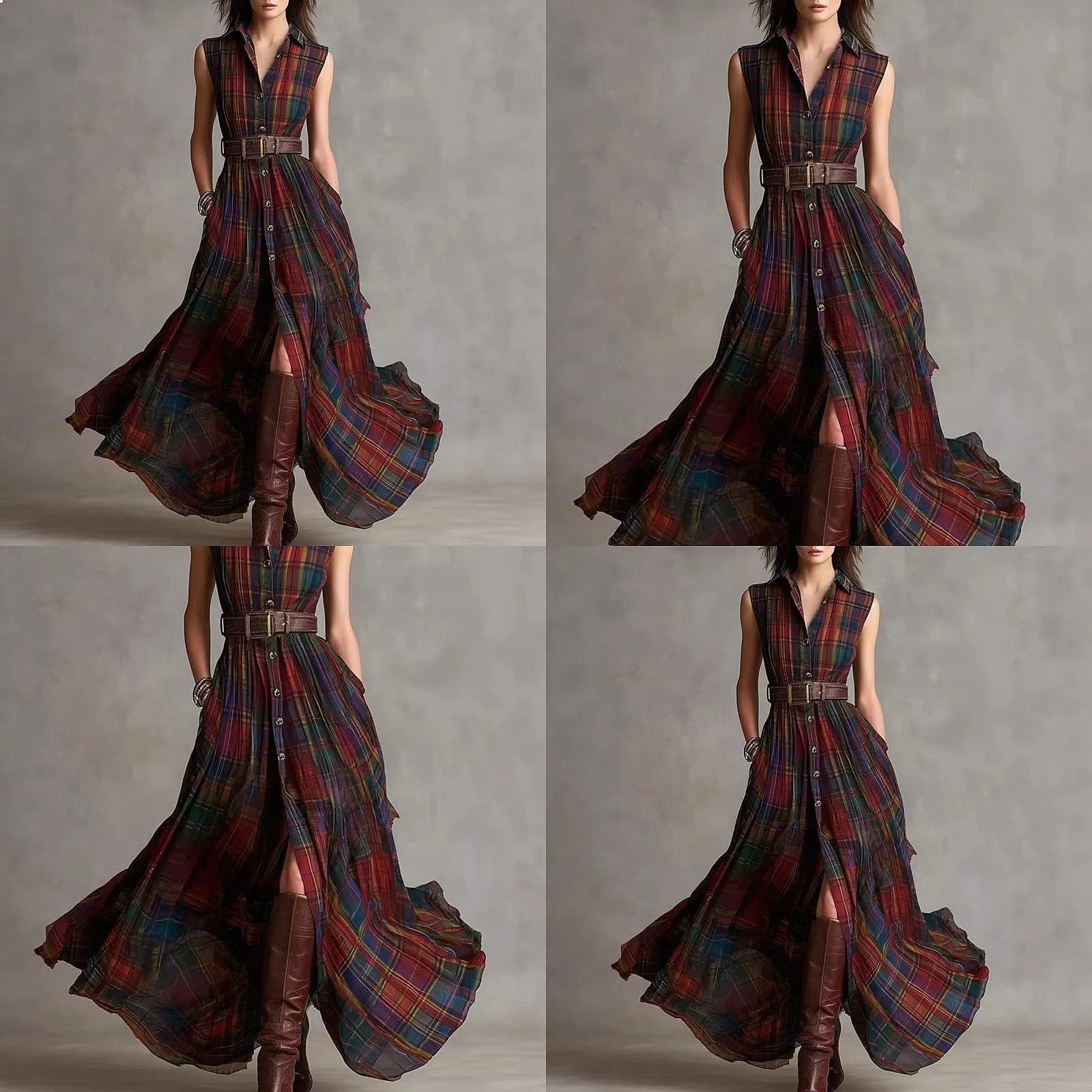 Tuta da donna stile western boho a quadri con tasche, per primavera ed estate