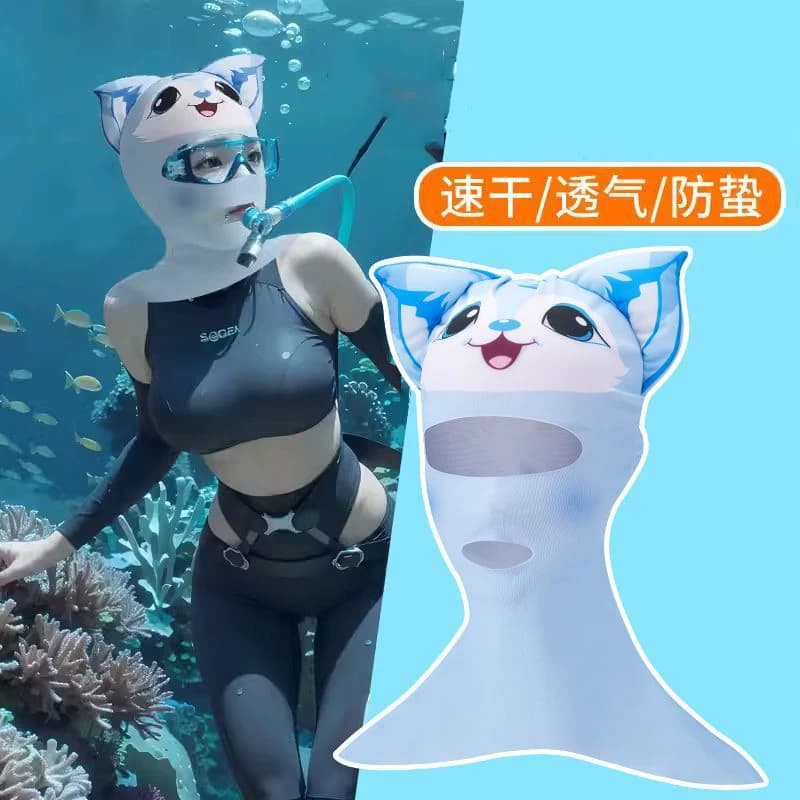 Women's Waterproof Hat Cute Cat Mute Hood Nuoto Snorkeling SUV Solar Protection Full Face Mask Covers Head Cap Face Cap