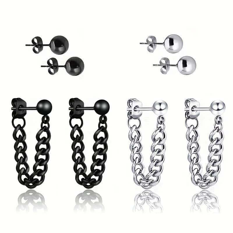 Set di 4 paia di orecchini a bottone con catena a sfera in acciaio inossidabile unisex moda punk nero/argento per gioielli da indossare ogni giorno per uomo donna