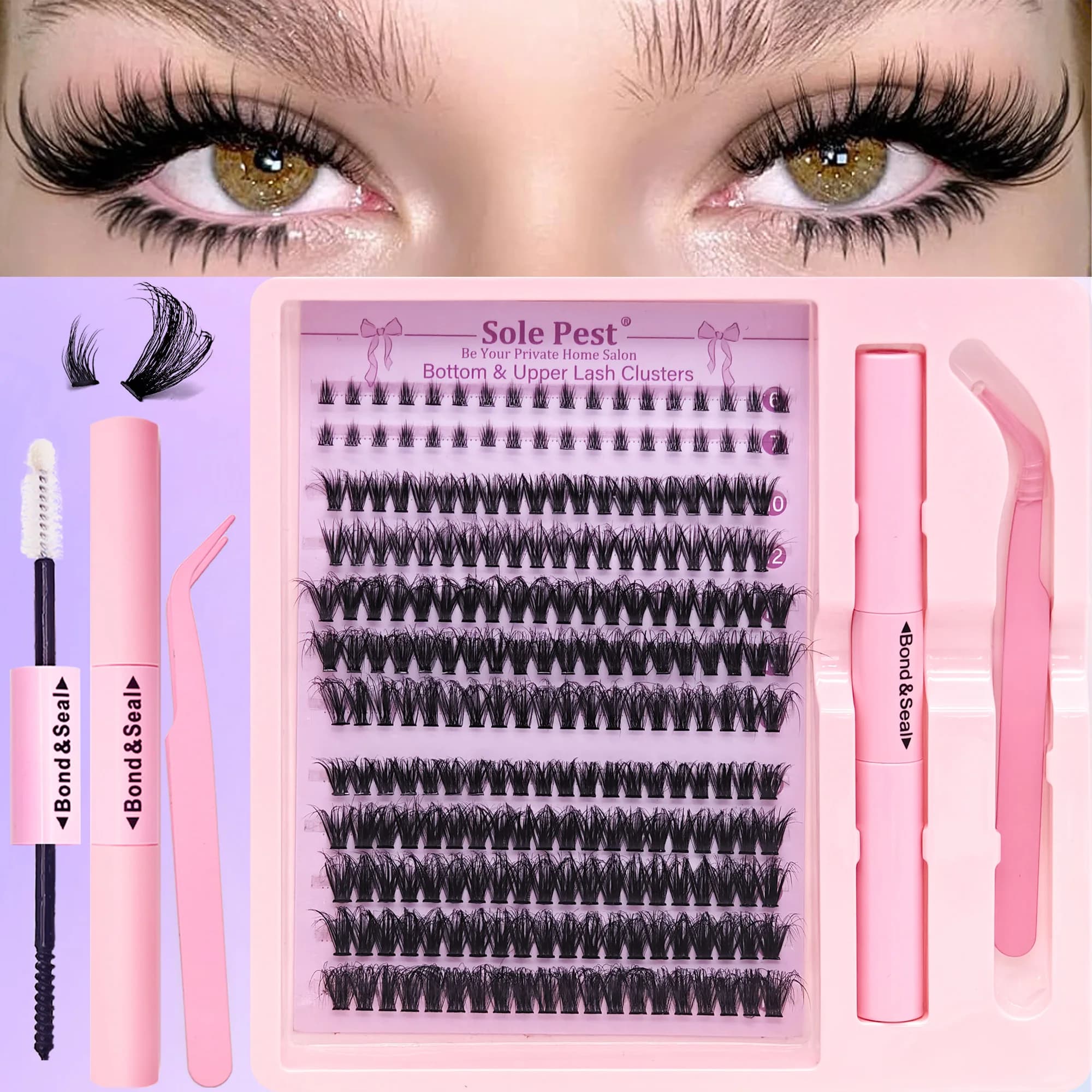 236-piece segmented false eyelash set; lengths 10–16mm, D-curl, voluminous style (includes adhesive, sealer, and tweezers).