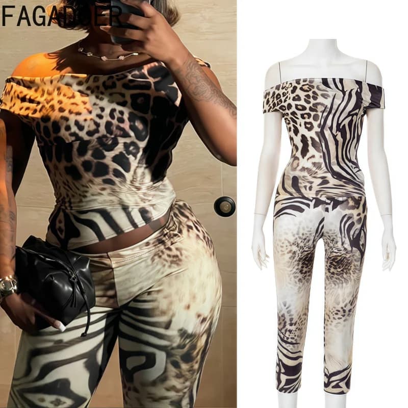 FAGADOER Fashion Leopard Print 2 Piece Sets Woman Outfit Slash Neck Backless Tops + Skinny Pants Midnight Suit Female Streetwear
