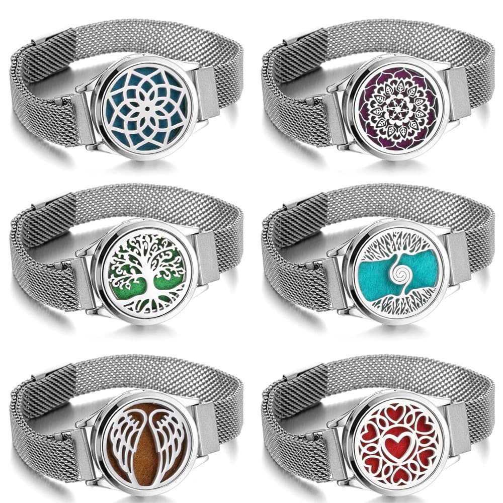Braccialetto Diffusore di Aromi, Cinturino per Orologio in Lega di Acciaio Inossidabile, Diffusore di Oli Essenziali, Bracciali con Medaglione per Profumo