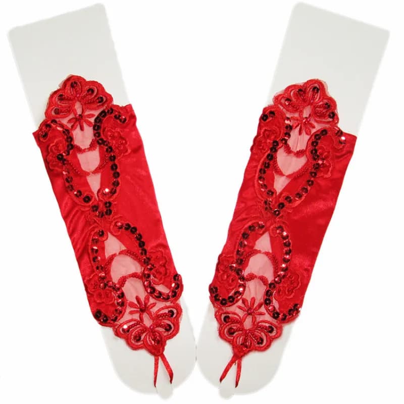 Donne imitazione raso di seta liscia Sexy pizzo paillettes ricamo Retro etichetta gancio guanti da dito accessori per abiti da sera