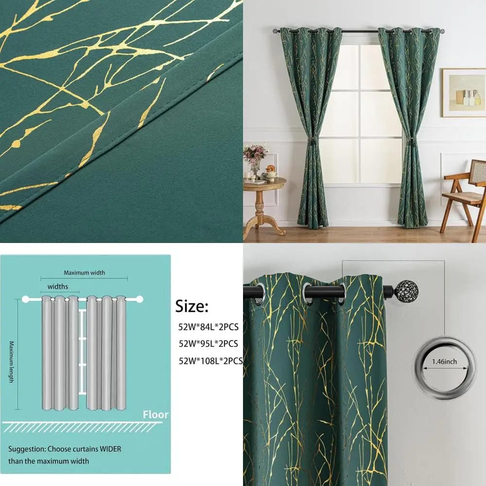 Dark Curtains Lengths 52x84 In Green and Gold For Bedroom, Set of 2
