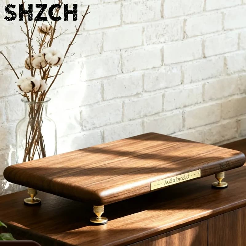 Solid Wood Shock-Absorbing Speaker Stand, Desktop Monitor Riser with Anti-Slip Pads, Home Audio Storage Shelf for Stereo
