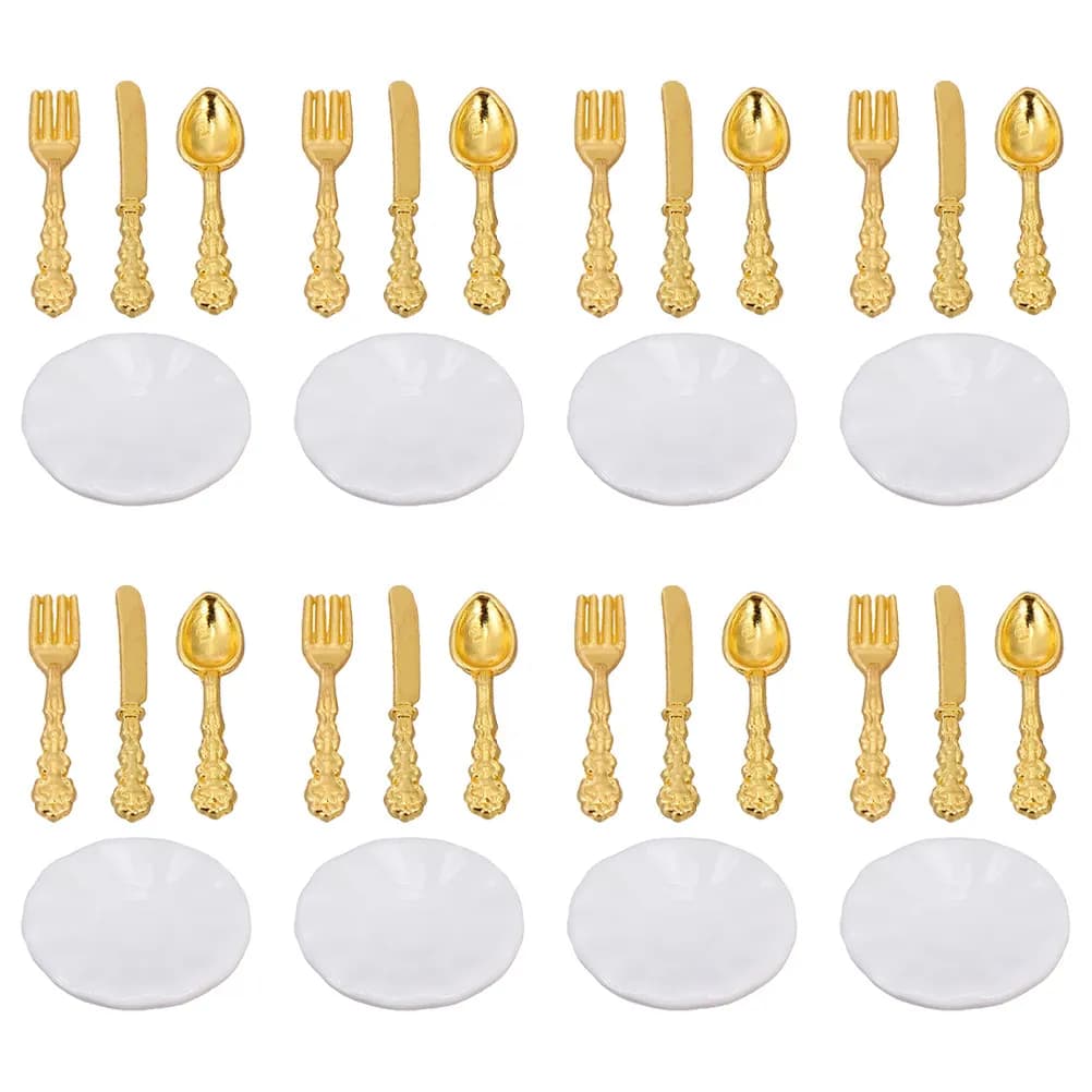 8 Set di Mini Piatti, Coltelli, Forchette e Cucchiai in Ceramica per Simulazione, Accessori da Cucina in Miniatura Fai-da-Te, Decorazione per Mini Casa