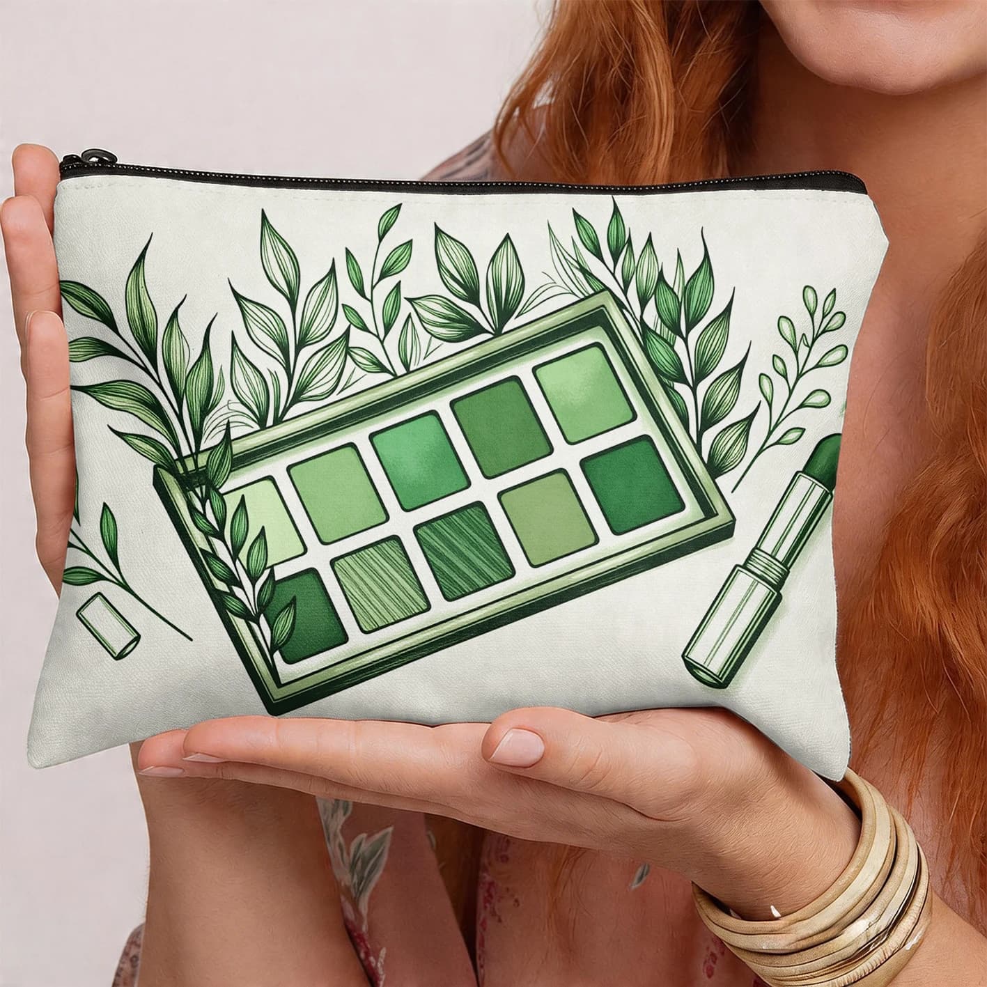 Palette di ombretti verdi, rossetto, borsa per il trucco con stampa vegetale, organizer per cosmetici, abbigliamento da donna