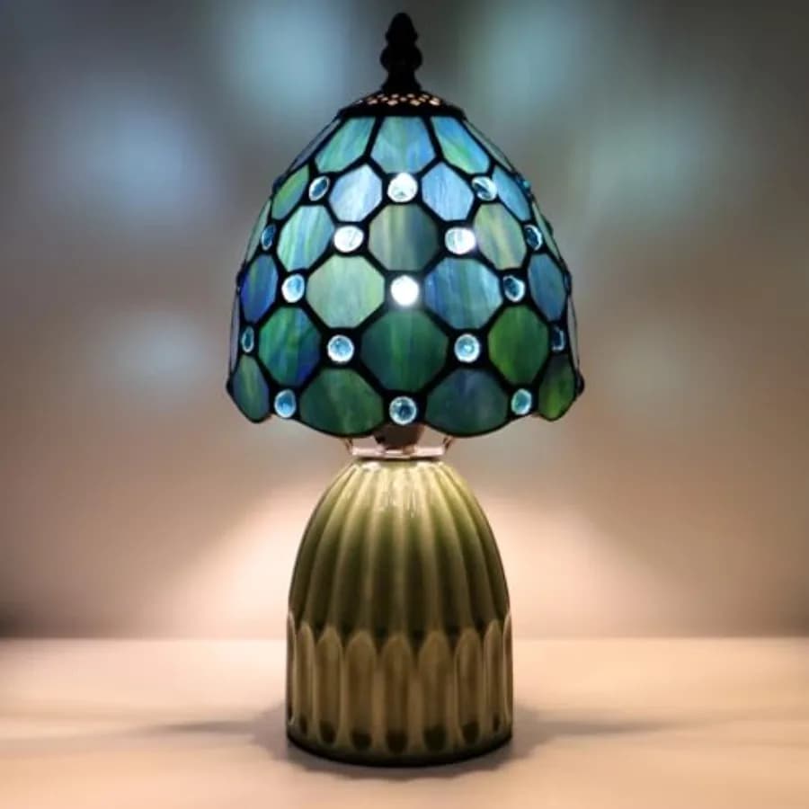 Tiffany Lamp Stained Glass Mushroom Table Lamps 6X6X12.5 Inch Style Small Night Light Ceramic Base Mini Accent Desk Light Suita