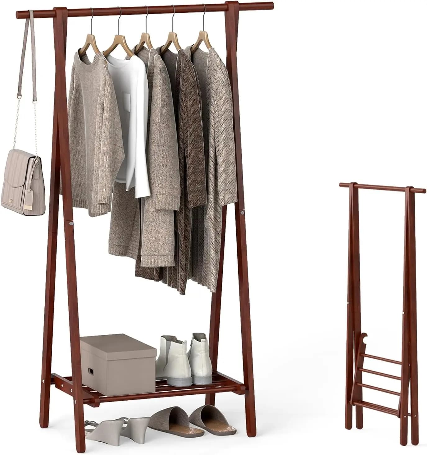 Foldable rubber wood hanger, ground hanger stand with lower shelf, portable organizer for clothes
