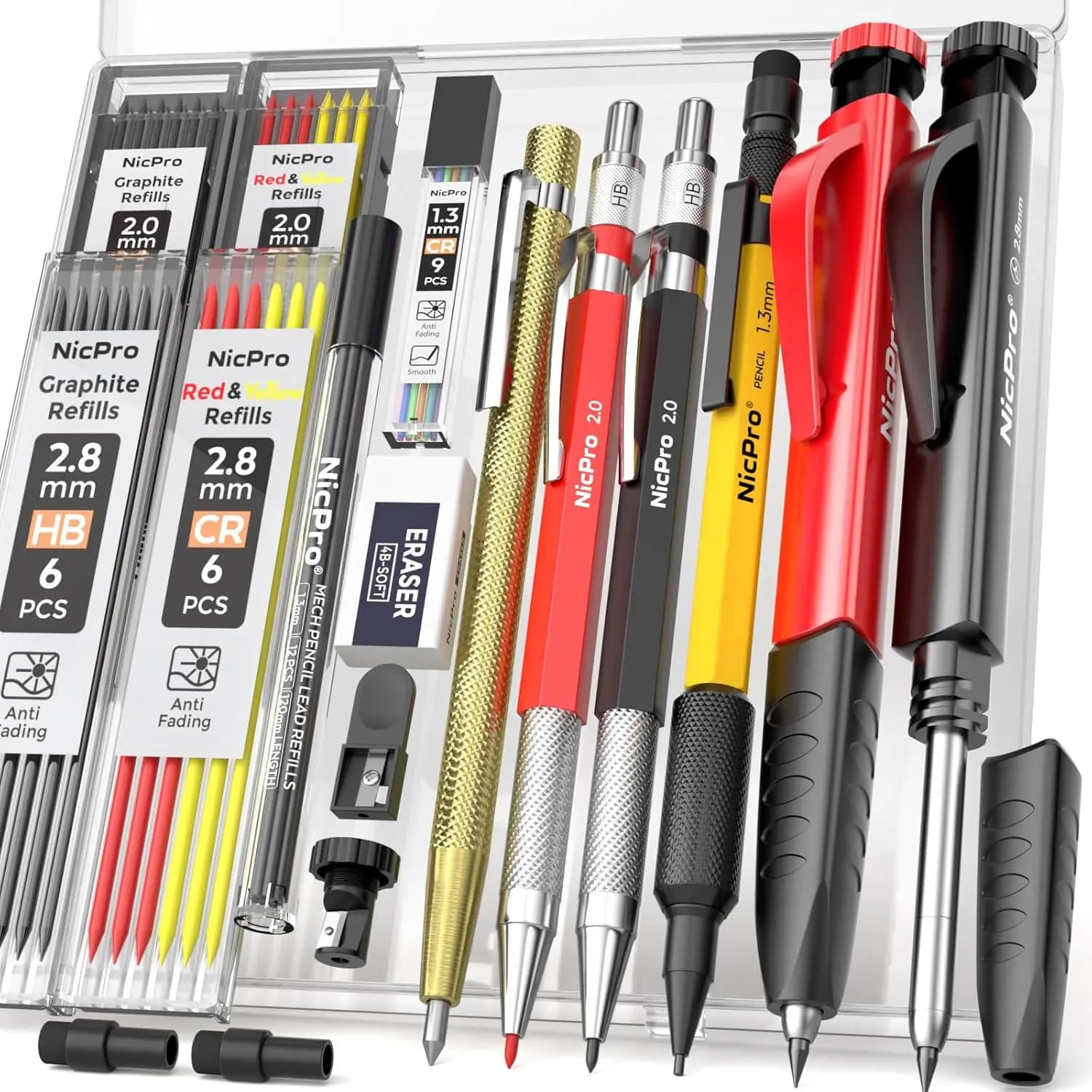 Nicpro Set di 17 Matite da Carpentiere CP2000 con Temperino, Matite Meccaniche con 57 Ricariche, Strumento per Incisione su Legno in Carburo, Marcatore per Fori Profondi, Matita Multiuso per Costruzioni Pesanti per Architetti