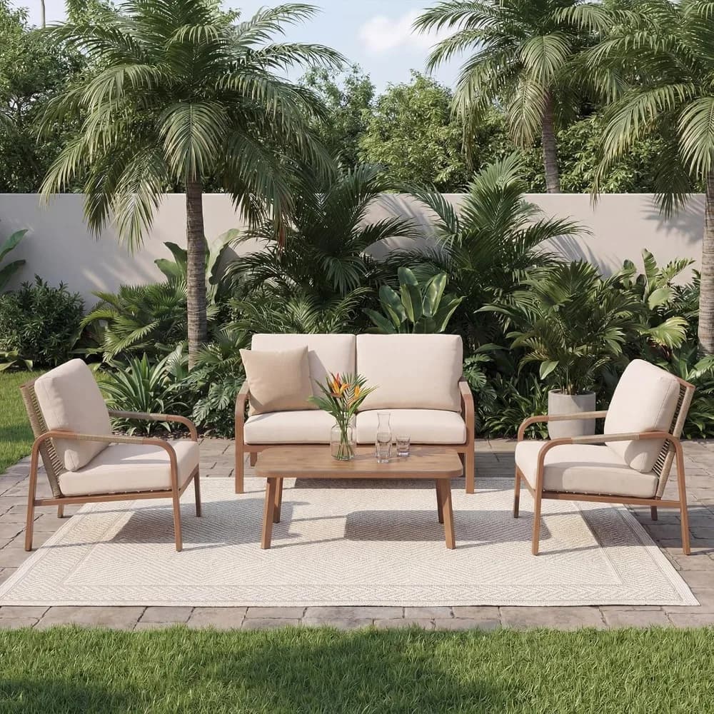 Set di Mobili da Giardino in Alluminio 4 Pezzi, Set Conversazione per Esterni con Cuscini Profondi, Divanetto, Sedie, Personalizzabile