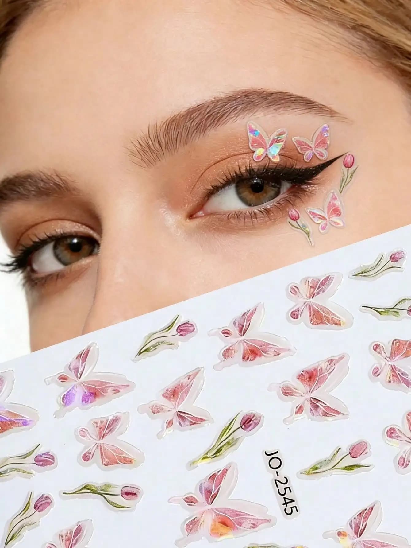 1 adesivo per il viso iridescente con farfalla e tulipano, atmosfera sfumata trasparente, impermeabile e facile da applicare, essenziale per il trucco per picnic primaverili e festival musicali, delicato e vivace, crea un look da dea Y2K, viso luminoso KPOP, Carnevale