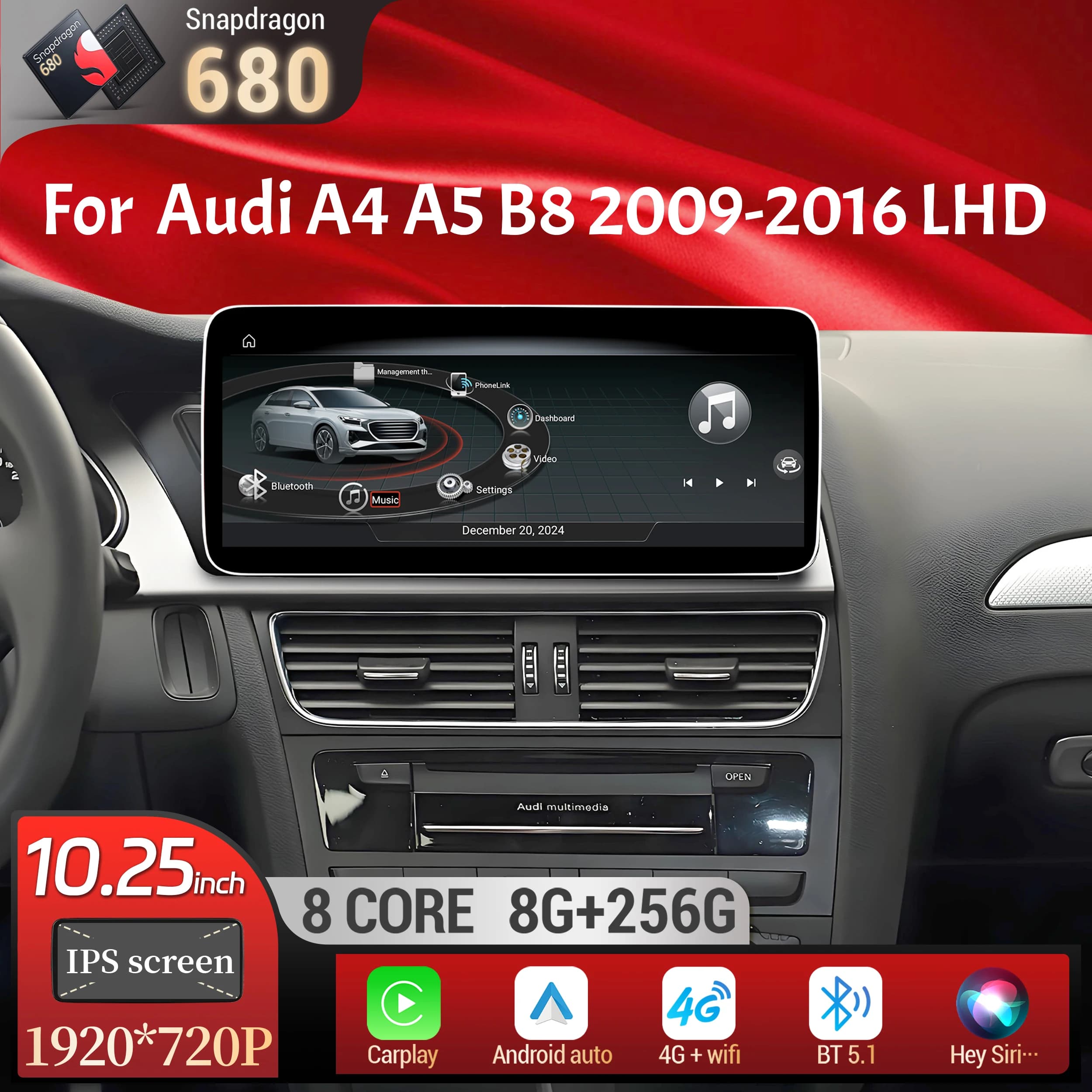 10.25 pollici Guida a sinistra Android 13 Per Audi A4 A5 B8 2009-2016 Autoradio Wireless BT Carplay Qualcomm Snapdragon 680 Schermo