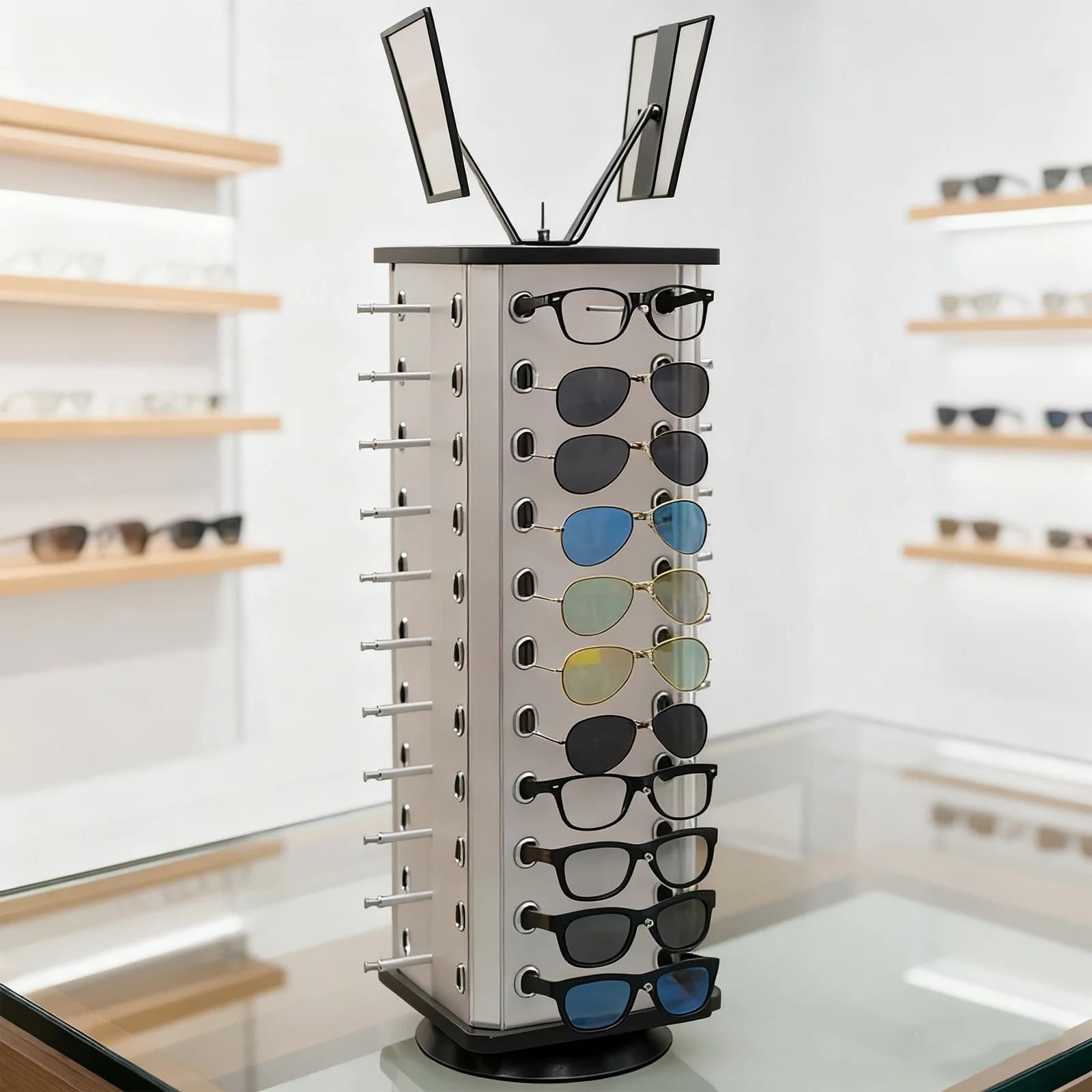 44 Pairs Rotating Sunglasses Display Stand with Mirror Eyeglass Turning Commercial Display Stand Glasses Holder Organizer