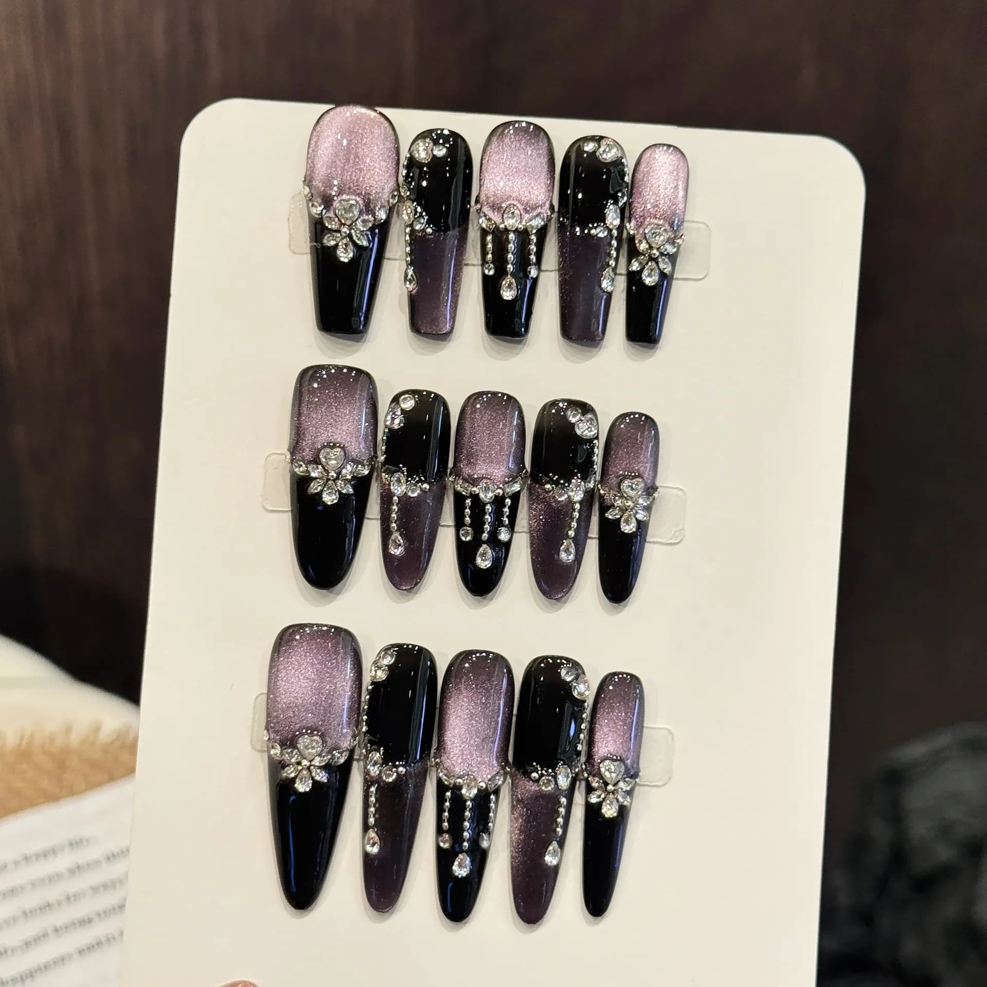 10 pezzi nero viola stile francese fatto a mano unghie finte luce lusso viola occhi di gatto unghie finte strass lucidi stampa sulle unghie