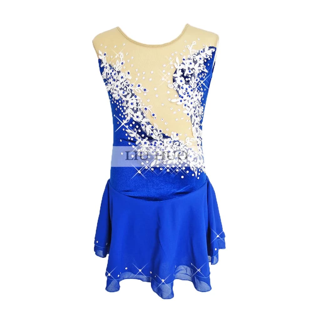 LIUHUO Vestito da Pattinaggio di Figura Donna Ragazza Prestazioni sul Ghiaccio Costume Concorso Body Danza Balletto Blu Bambini Adolescenti Senza Maniche