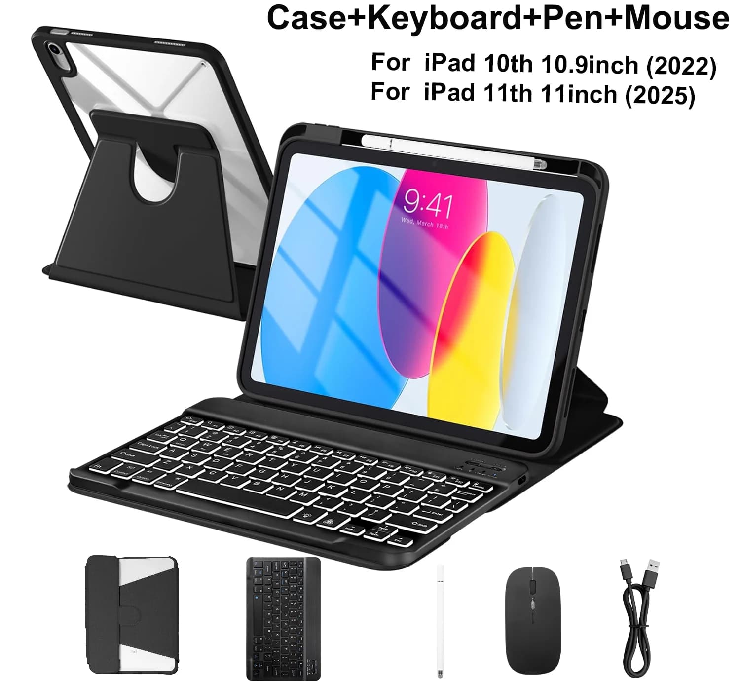 360 Rotate Case Keyboard with Mouse Pencil for 2025 11th Generation 11-inch A16 A3354 A3355 for iPad 2022 10th Gen 10.9 Cover