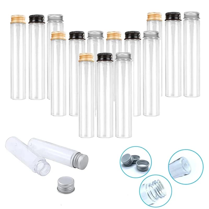 10 flaconi in plastica trasparente da 50-110 ml con tappi a vite in alluminio per fiori secchi, caramelle, spezie, bomboniere, decorazioni per feste
