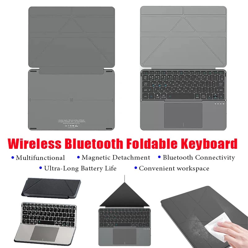 Tastiera Bluetooth 5.0 Multifunzionale Pieghevole 2-in-1 con Supporto in Pelle Staccabile e Touchpad Portatile per Tablet/Telefono