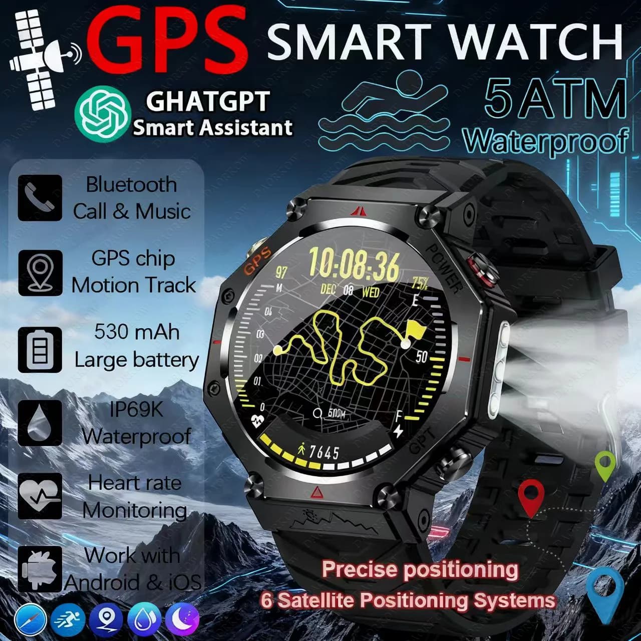 DAORKOW 2025 ChatGPT AI Assistant GPS Smartwatch 5ATM Bussola impermeabile Chiamata Bluetooth Smartwatch esterno per uomini e donne
