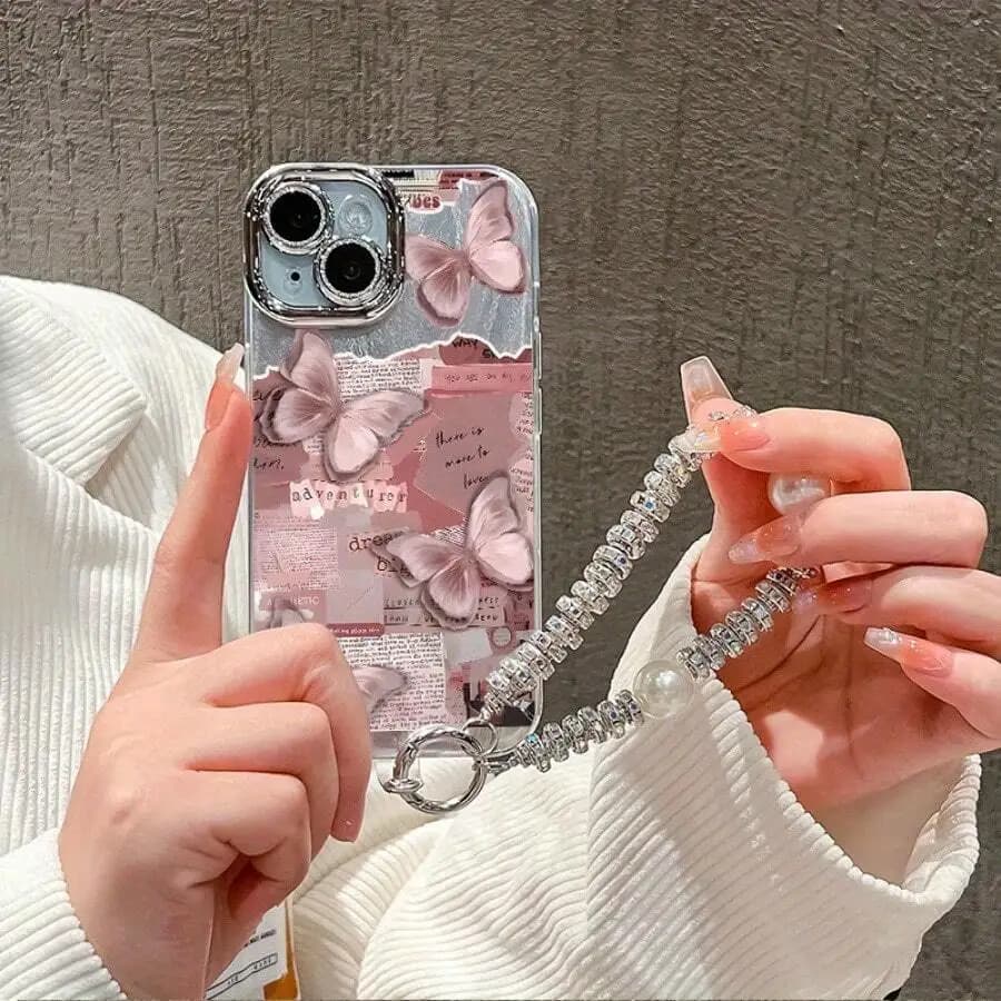 Butterfly Pattern Phone Case With Pearl Chain Strap And Camera Lens Protector For iPhone 15 14 13 12 11 Pro Max