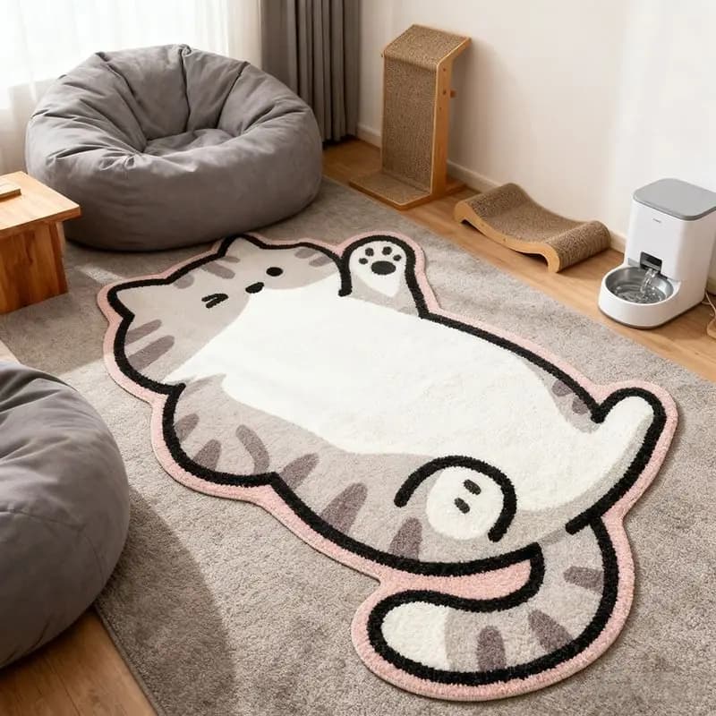 VIKAMA Cartoon Hand-Painted Gray Tiger Spot Cat Shaped Carpet Foyer Bathroom Living Room Cute Cartoon Home Floor Mat Home Decor