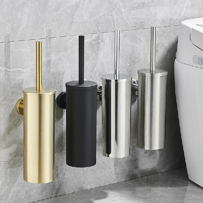 Set Spazzola per WC in Acciaio Inox, Oro Spazzolato, Circolare, per Pulizia Bagno e Toilette
