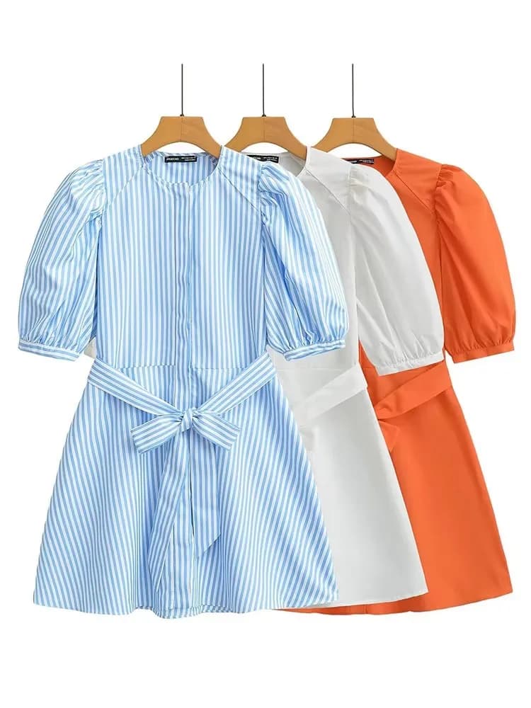 HH Mini Women's Dresses with Belt Elegant Single-breasted Dresses with Short Sleeves Smooth or Neck Women's Casual Dresses